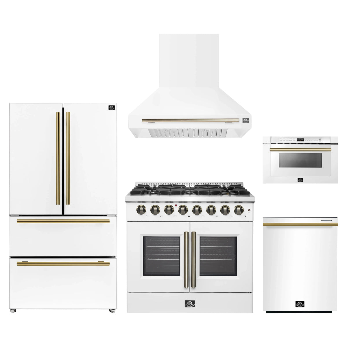 Forno 5-Piece Appliance Package - 36-Inch Galiano French Door Dual Fuel Range, Wall Mount Range Hood, 36-Inch Refrigerator, Dishwasher, and 24-Inch Microwave Drawer in White with Antique Brass Trim