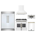 Forno 5-Piece Appliance Package - 36-Inch Galiano French Door Dual Fuel Range, Wall Mount Range Hood, 60-Inch Refrigerator, Dishwasher, and 30-Inch Microwave Drawer in White with Antique Brass Trim
