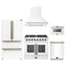Forno 5-Piece Appliance Package - 36-Inch Galiano French Door Dual Fuel Range, Wall Mount Range Hood, 36-Inch Refrigerator, Dishwasher, and 24-Inch Microwave Drawer in White with Antique Brass Trim