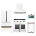 Forno 5-Piece Appliance Package - 36-Inch Galiano French Door Dual Fuel Range, Wall Mount Range Hood, 36-Inch Refrigerator, Dishwasher, and 24-Inch Microwave Oven in White with Antique Brass Trim
