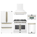 Forno 5-Piece Appliance Package - 36-Inch Galiano French Door Dual Fuel Range, Wall Mount Range Hood, 36-Inch Refrigerator, Dishwasher, and 30-Inch Microwave Oven in White with Antique Brass Trim