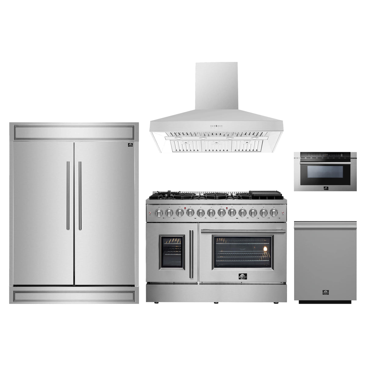 Forno 5-Piece Appliance Package - 48-Inch Galiano French Door Dual Fuel Range, Wall Mount Range Hood, 60-Inch Refrigerator, Dishwasher, and 24-Inch Microwave Drawer in Stainless Steel