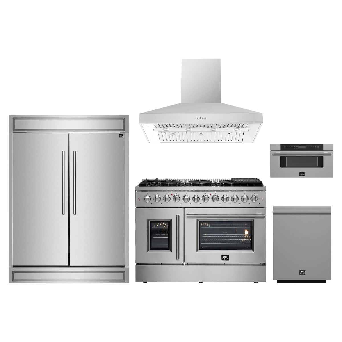 Forno 5-Piece Appliance Package - 48-Inch Galiano French Door Dual Fuel Range, Wall Mount Range Hood, 60-Inch Refrigerator, Dishwasher, and 30-Inch Microwave Drawer in Stainless Steel