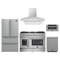 Forno 5-Piece Appliance Package - 48-Inch Galiano French Door Dual Fuel Range, Wall Mount Range Hood, 36-Inch Refrigerator, Dishwasher, and 30-Inch Microwave Drawer in Stainless Steel