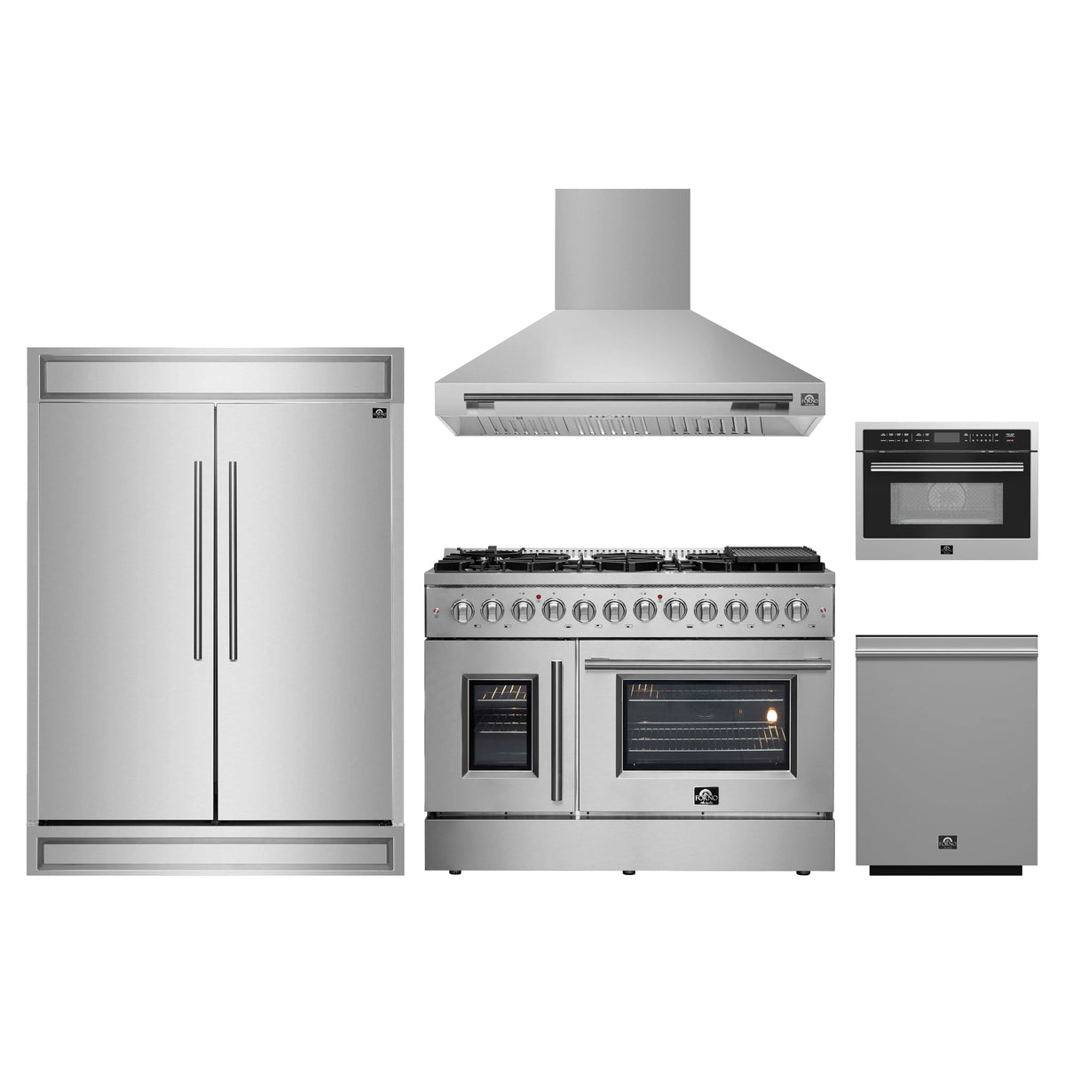 Forno 5-Piece Appliance Package - 48-Inch Galiano French Door Dual Fuel Range, Wall Mount Range Hood, 60-Inch Refrigerator, Dishwasher, and 24-Inch Microwave Oven in Stainless Steel