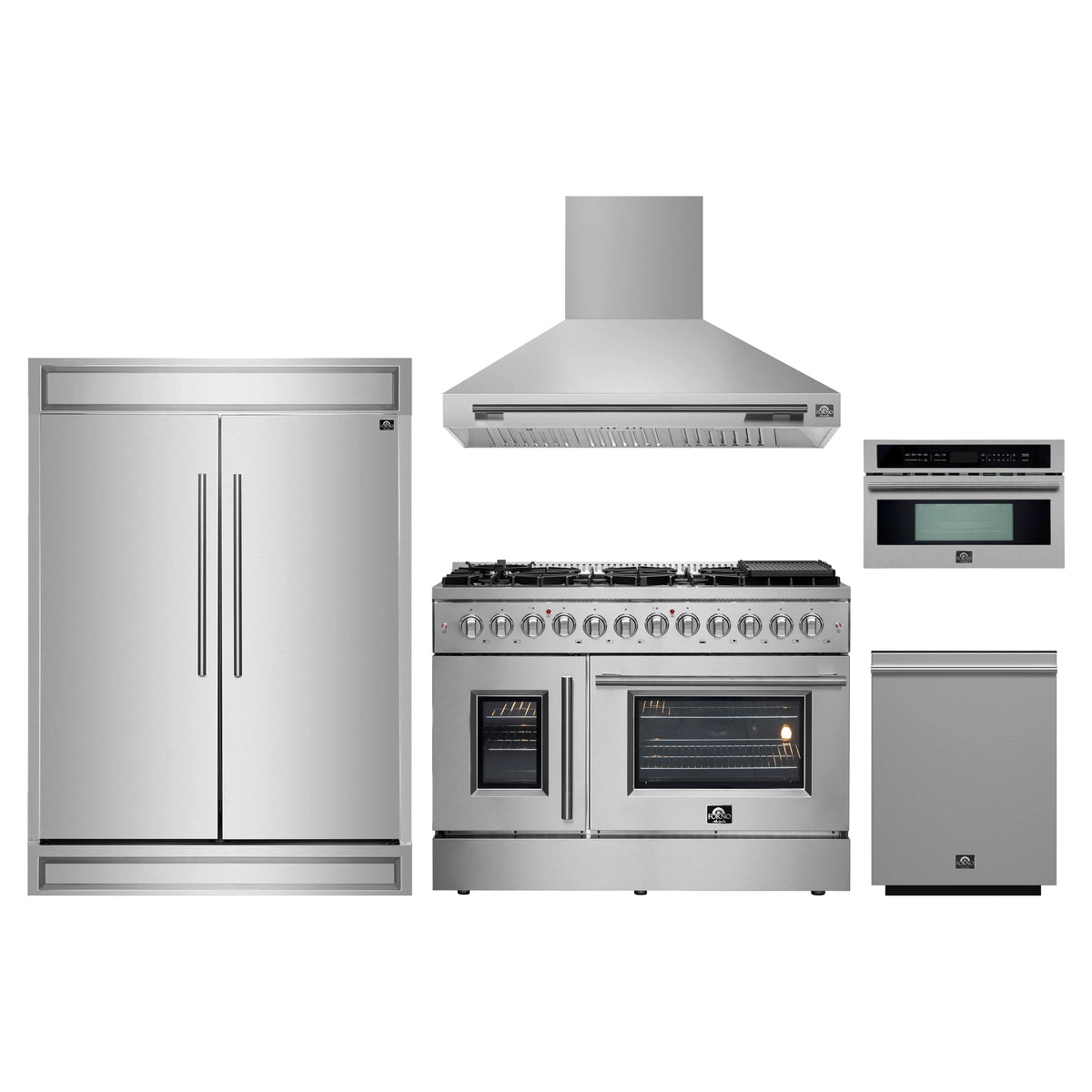 Forno 5-Piece Appliance Package - 48-Inch Galiano French Door Dual Fuel Range, Wall Mount Range Hood, 60-Inch Refrigerator, Dishwasher, and 30-Inch Microwave Oven in Stainless Steel