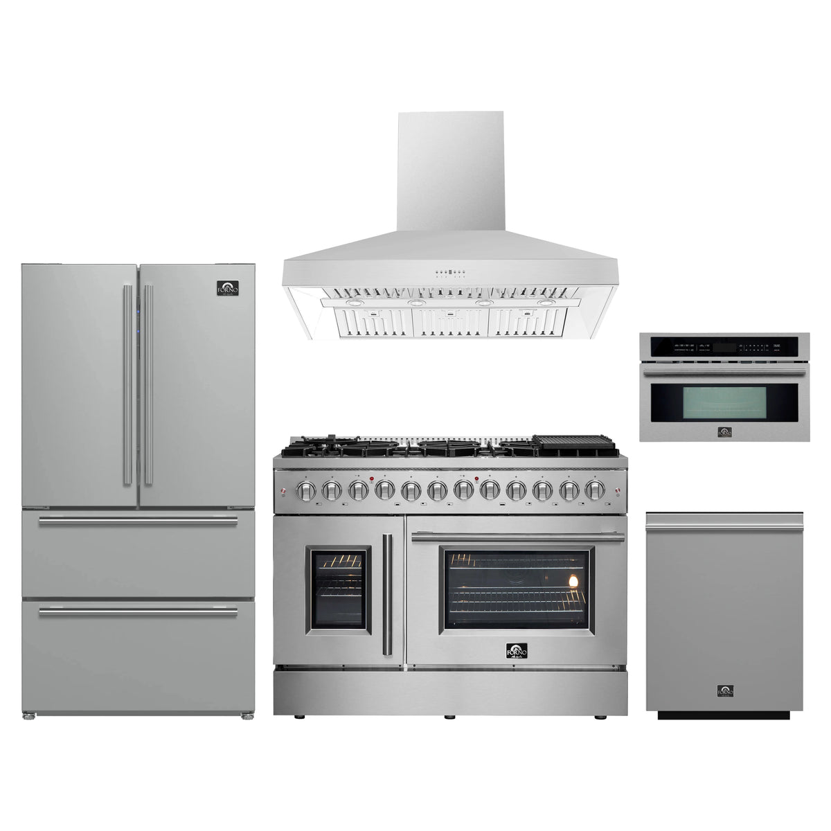 Forno 5-Piece Appliance Package - 48-Inch Galiano French Door Dual Fuel Range, Wall Mount Range Hood, 36-Inch Refrigerator, Dishwasher, and 30-Inch Microwave Oven in Stainless Steel