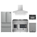 Forno 5-Piece Appliance Package - 48-Inch Galiano French Door Dual Fuel Range, Wall Mount Range Hood, 36-Inch Refrigerator, Dishwasher, and 24-Inch Microwave Oven in Stainless Steel