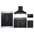 Forno 5-Piece Appliance Package - 48-Inch Galiano French Door Dual Fuel Range, Wall Mount Range Hood, 60-Inch Refrigerator, Dishwasher, and 24-Inch Microwave Drawer in Black with Antique Brass Trim