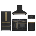 Forno 5-Piece Appliance Package - 48-Inch Galiano French Door Dual Fuel Range, Wall Mount Range Hood, 36-Inch Refrigerator, Dishwasher, and 30-Inch Microwave Drawer in Black with Antique Brass Trim