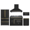 Forno 5-Piece Appliance Package - 48-Inch Galiano French Door Dual Fuel Range, Wall Mount Range Hood, 36-Inch Refrigerator, Dishwasher, and 30-Inch Microwave Drawer in Black with Antique Brass Trim