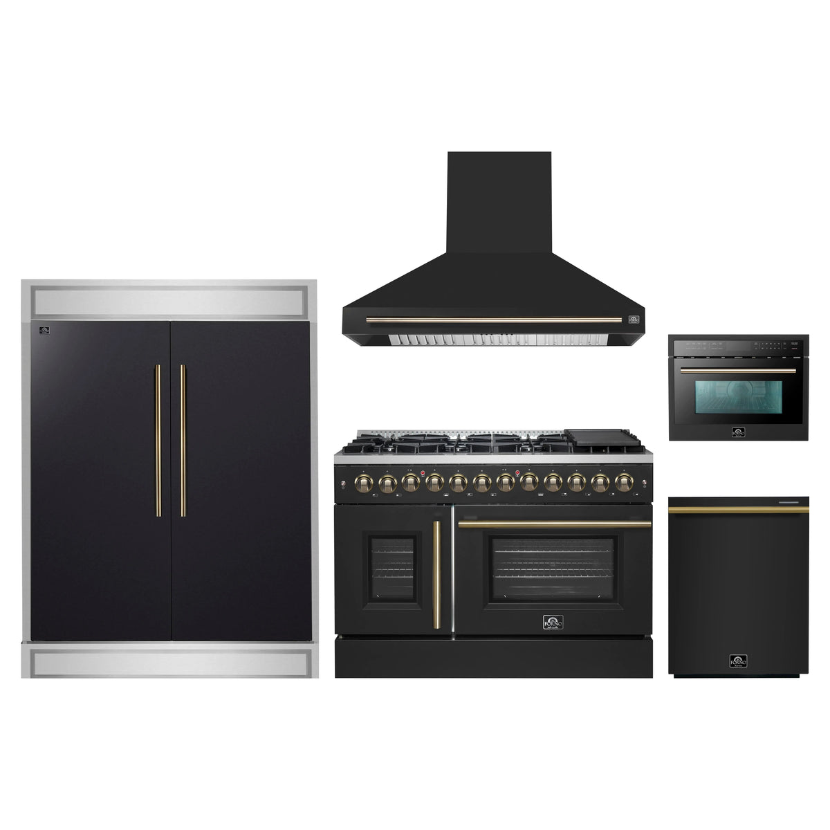 Forno 5-Piece Appliance Package - 48-Inch Galiano French Door Dual Fuel Range, Wall Mount Range Hood, 60-Inch Refrigerator, Dishwasher, and 24-Inch Microwave Oven in Black with Antique Brass Trim