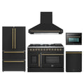 Forno 5-Piece Appliance Package - 48-Inch Galiano French Door Dual Fuel Range, Wall Mount Range Hood, 36-Inch Refrigerator, Dishwasher, and 24-Inch Microwave Oven in Black with Antique Brass Trim