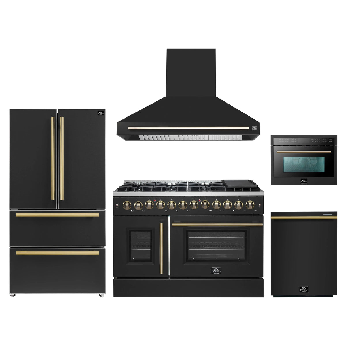 Forno 5-Piece Appliance Package - 48-Inch Galiano French Door Dual Fuel Range, Wall Mount Range Hood, 36-Inch Refrigerator, Dishwasher, and 24-Inch Microwave Oven in Black with Antique Brass Trim