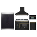 Forno 5-Piece Appliance Package - 48-Inch Galiano French Door Dual Fuel Range, Wall Mount Range Hood, 60-Inch Refrigerator, Dishwasher, and 30-Inch Microwave Oven in Black with Antique Brass Trim