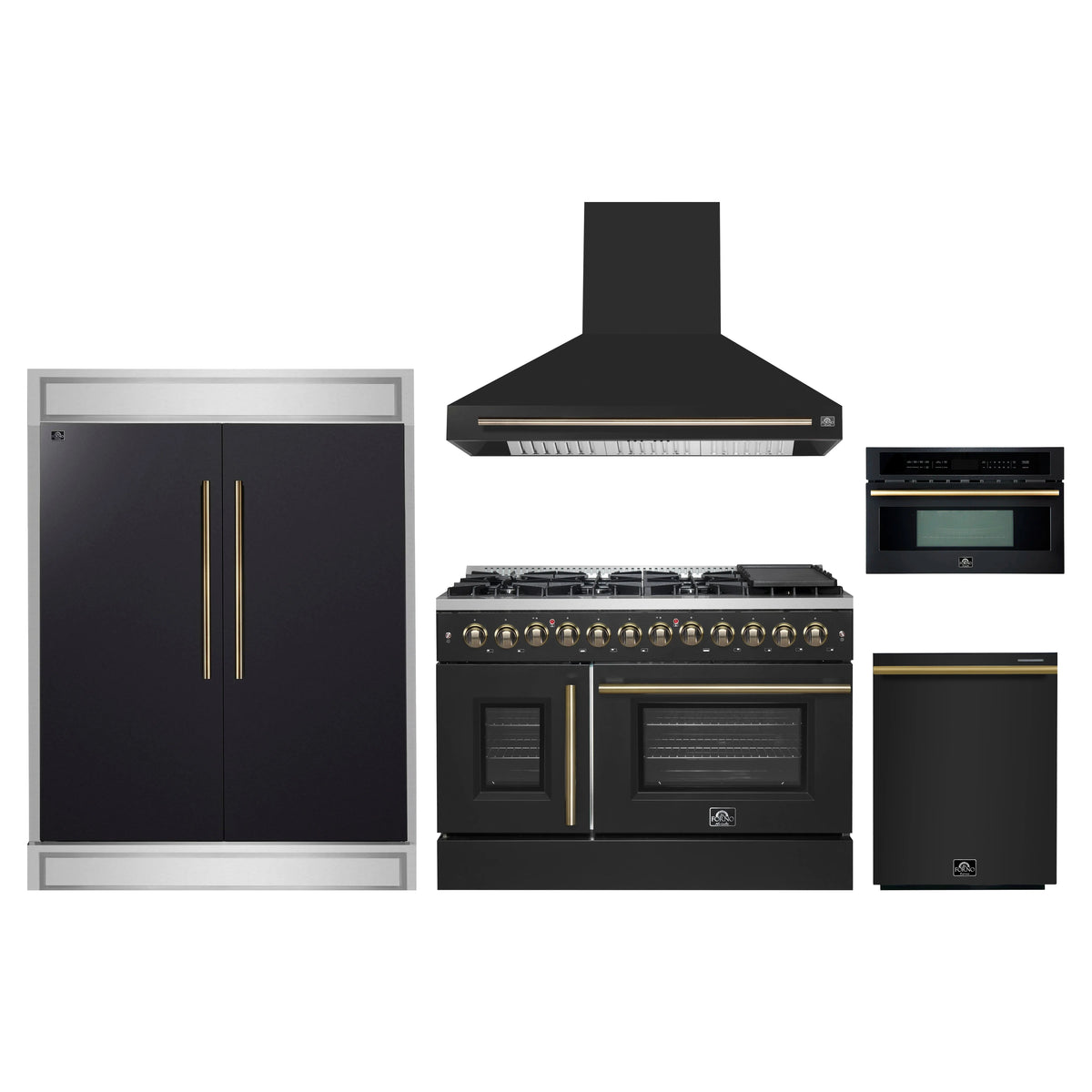 Forno 5-Piece Appliance Package - 48-Inch Galiano French Door Dual Fuel Range, Wall Mount Range Hood, 60-Inch Refrigerator, Dishwasher, and 30-Inch Microwave Oven in Black with Antique Brass Trim
