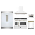 Forno 5-Piece Appliance Package - 48-Inch Galiano French Door Dual Fuel Range, Wall Mount Range Hood, 60-Inch Refrigerator, Dishwasher, and 24-Inch Microwave Drawer in White with Antique Brass Trim