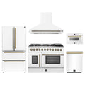 Forno 5-Piece Appliance Package - 48-Inch Galiano French Door Dual Fuel Range, Wall Mount Range Hood, 36-Inch Refrigerator, Dishwasher, and 24-Inch Microwave Drawer in White with Antique Brass Trim