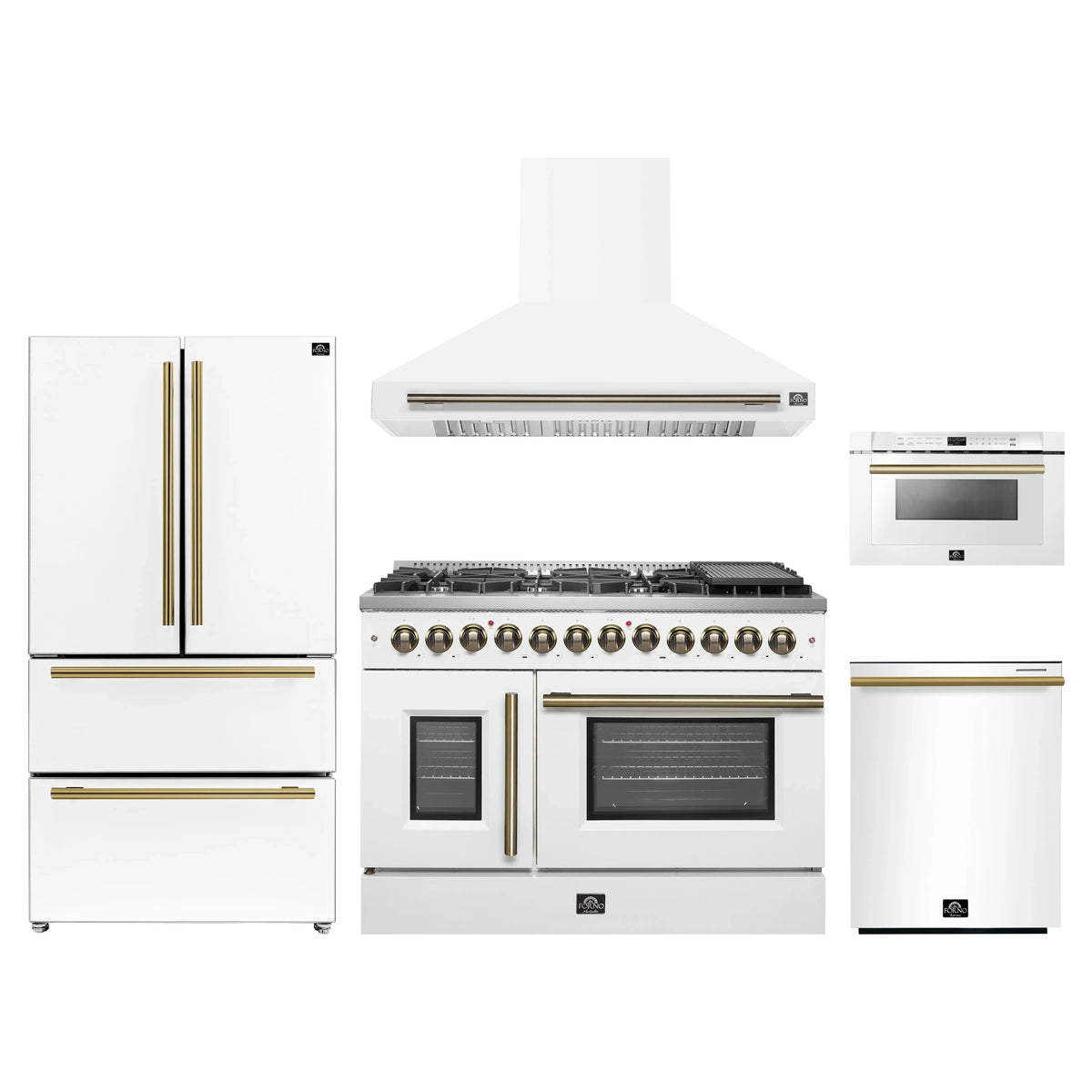 Forno 5-Piece Appliance Package - 48-Inch Galiano French Door Dual Fuel Range, Wall Mount Range Hood, 36-Inch Refrigerator, Dishwasher, and 24-Inch Microwave Drawer in White with Antique Brass Trim