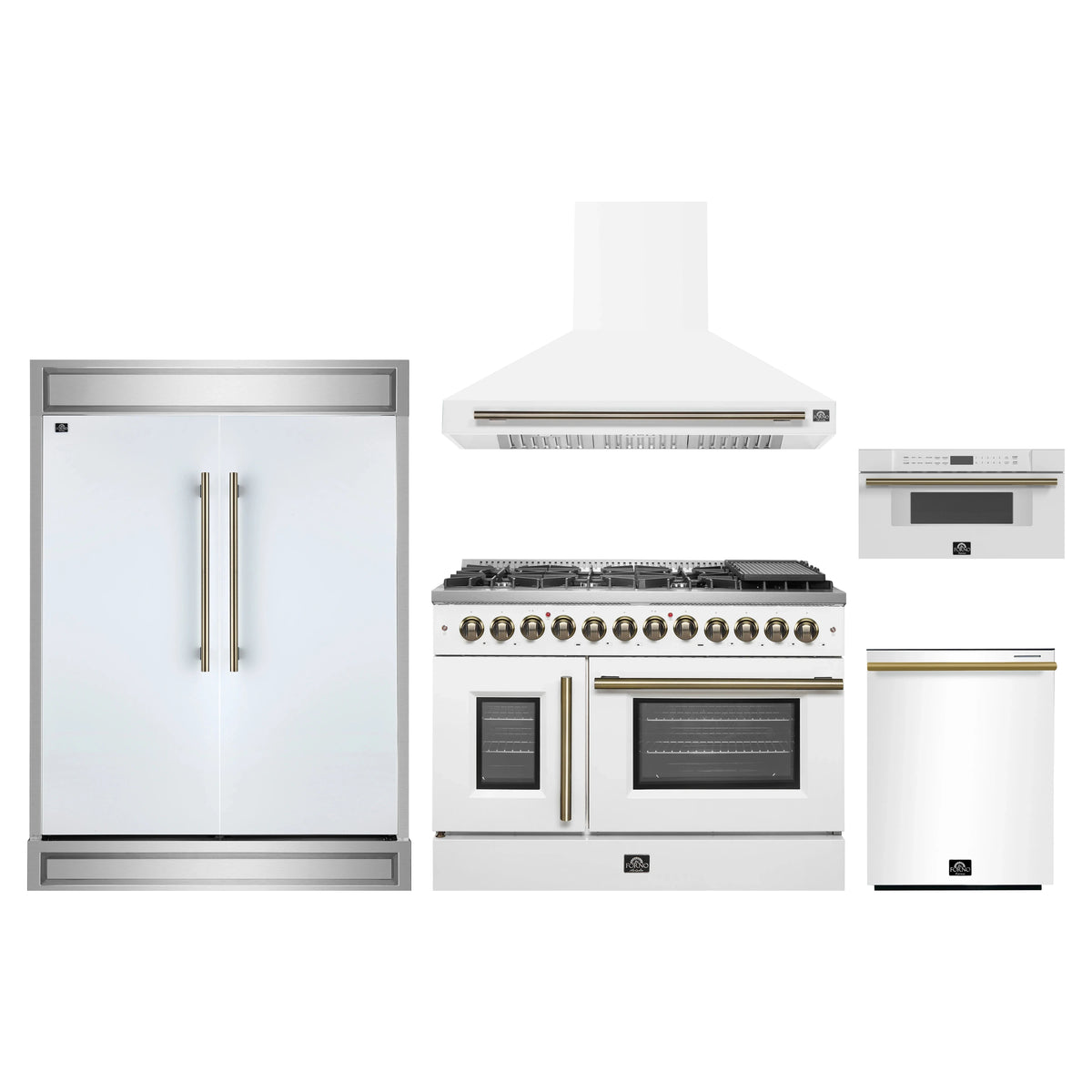 Forno 5-Piece Appliance Package - 48-Inch Galiano French Door Dual Fuel Range, Wall Mount Range Hood, 60-Inch Refrigerator, Dishwasher, and 30-Inch Microwave Drawer in White with Antique Brass Trim