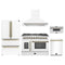 Forno 5-Piece Appliance Package - 48-Inch Galiano French Door Dual Fuel Range, Wall Mount Range Hood, 36-Inch Refrigerator, Dishwasher, and 30-Inch Microwave Drawer in White with Antique Brass Trim