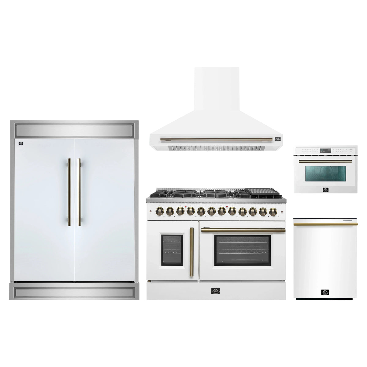 Forno 5-Piece Appliance Package - 48-Inch Galiano French Door Dual Fuel Range, Wall Mount Range Hood, 60-Inch Refrigerator, Dishwasher, and 24-Inch Microwave Oven in White with Antique Brass Trim