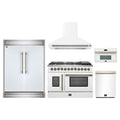 Forno 5-Piece Appliance Package - 48-Inch Galiano French Door Dual Fuel Range, Wall Mount Range Hood, 60-Inch Refrigerator, Dishwasher, and 30-Inch Microwave Oven in White with Antique Brass Trim
