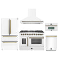 Forno 5-Piece Appliance Package - 48-Inch Galiano French Door Dual Fuel Range, Wall Mount Range Hood, 36-Inch Refrigerator, Dishwasher, and 30-Inch Microwave Oven in White with Antique Brass Trim