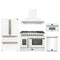 Forno 5-Piece Appliance Package - 48-Inch Galiano French Door Dual Fuel Range, Wall Mount Range Hood, 36-Inch Refrigerator, Dishwasher, and 30-Inch Microwave Oven in White with Antique Brass Trim