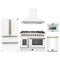 Forno 5-Piece Appliance Package - 48-Inch Galiano French Door Dual Fuel Range, Wall Mount Range Hood, 36-Inch Refrigerator, Dishwasher, and 24-Inch Microwave Oven in White with Antique Brass Trim