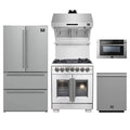 Forno 5-Piece Pro Appliance Package - 30-Inch Capriasca French Door Dual Fuel Range, Refrigerator, Wall Mount Hood with Backsplash, 24-Inch Microwave Drawer, & 3-Rack Dishwasher in Stainless Steel