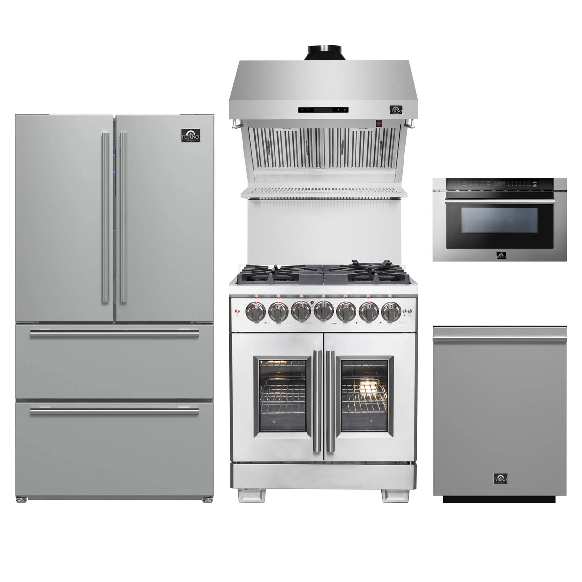 Forno 5-Piece Pro Appliance Package - 30-Inch Dual Fuel Range, Refrigerator, Wall Mount Hood with Backsplash, 24-Inch Microwave Drawer, & 3-Rack Dishwasher in Stainless Steel