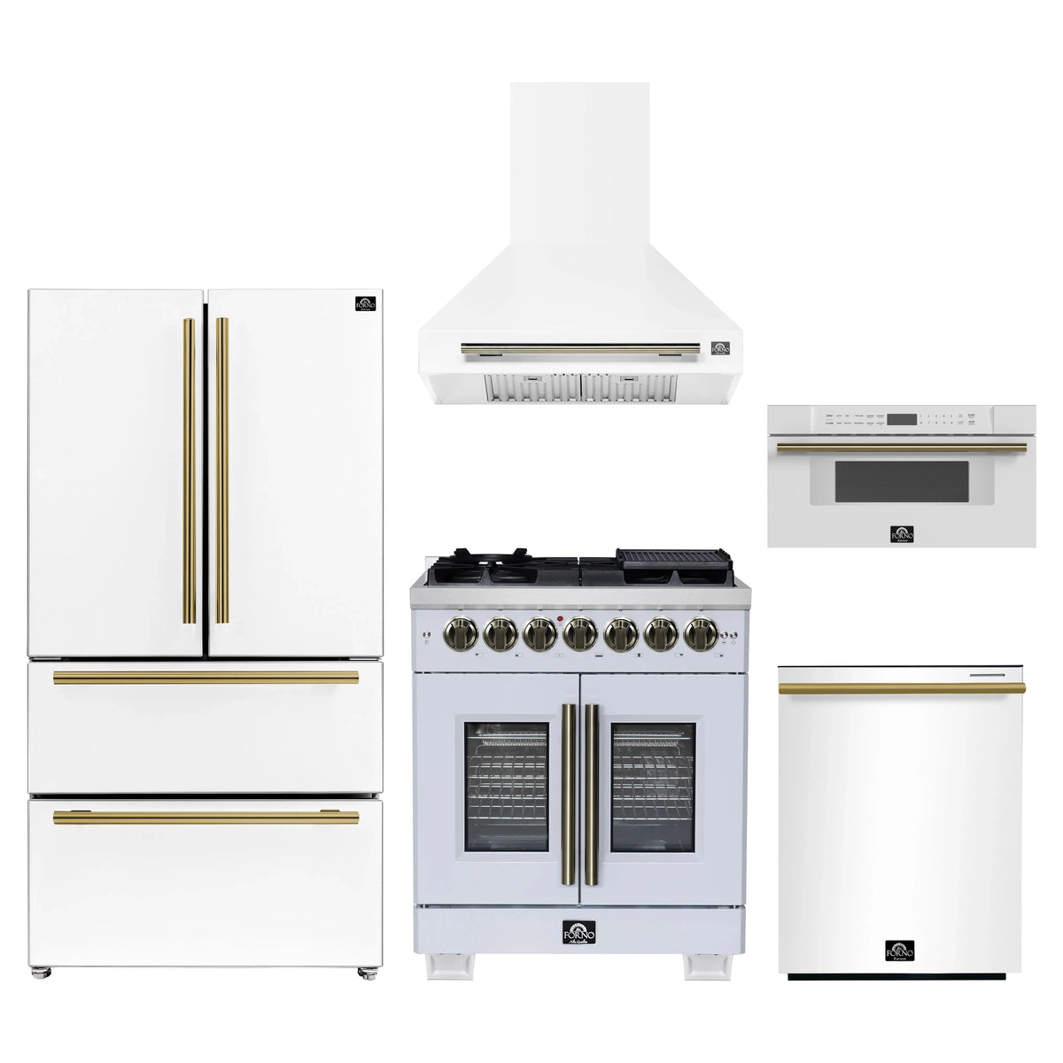 Forno 5-Piece Appliance Package - 30-inch Capriasca French Door Dual Fuel Range, Hood, 36-Inch French Door Refrigerator, Dishwasher and 30-Inch Microwave Drawer in White with Antique Brass Trim
