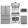 Forno 5-Piece Pro Appliance Package - 30-Inch Capriasca French Door Dual Fuel Range, Refrigerator, Wall Mount Hood with Backsplash, 30-Inch Microwave Drawer, & 3-Rack Dishwasher in Stainless Steel