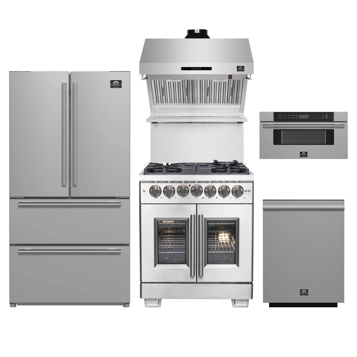 Forno 5-Piece Pro Appliance Package - 30-Inch Dual Fuel Range, Refrigerator, Wall Mount Hood with Backsplash, 30-Inch Microwave Drawer, & 3-Rack Dishwasher in Stainless Steel