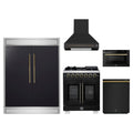 Forno 5-Piece Appliance Package - 30-inch Capriasca French Door Dual Fuel Range, Hood, 60-Inch Built-In Refrigerator, Dishwasher and 24-Inch Microwave Drawer in Black with Antique Brass Trim