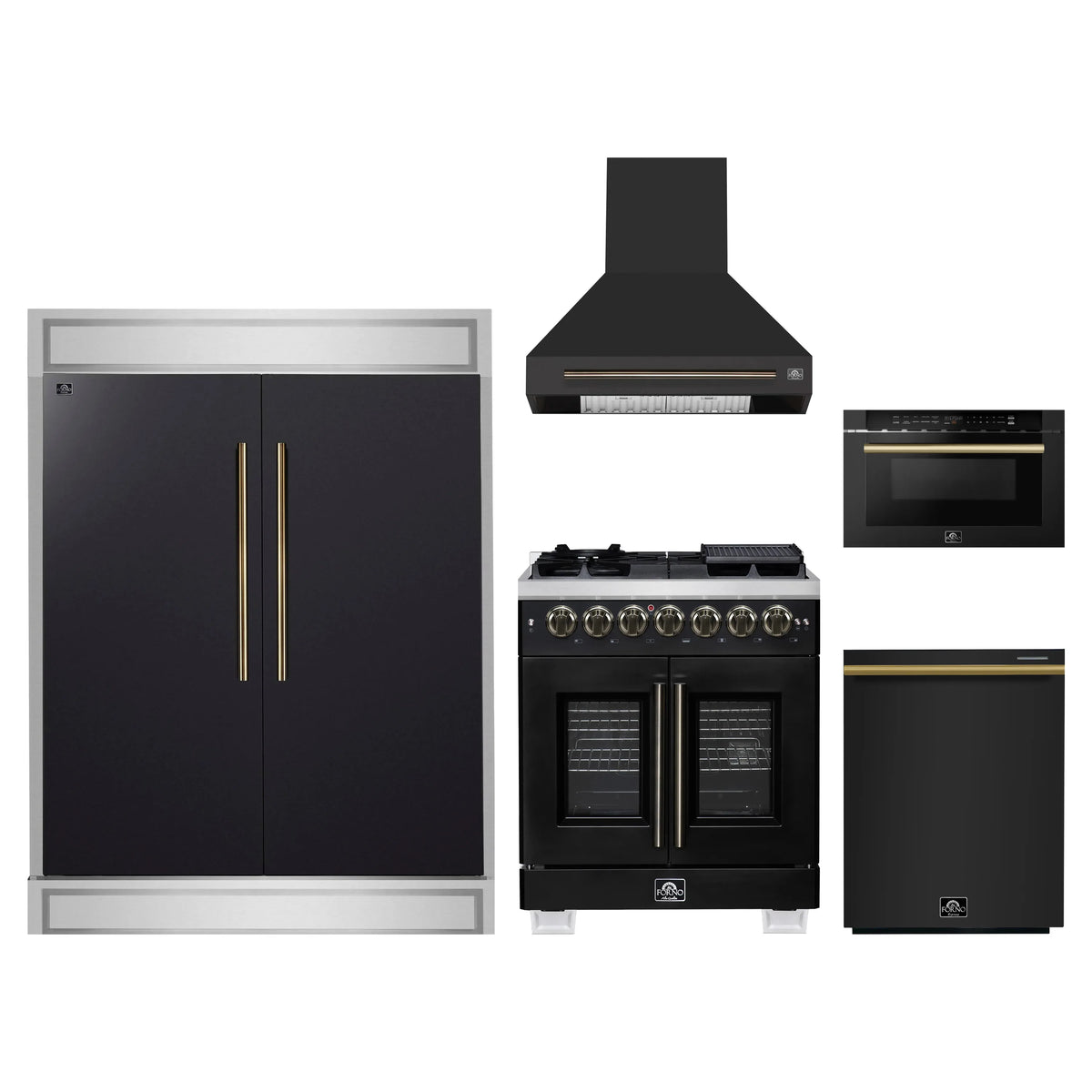 Forno 5-Piece Appliance Package - 30-inch Dual Fuel Range, Hood, Refrigerator, Dishwasher and 24-Inch Microwave Drawer in Black with Antique Brass Trim