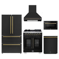 Forno 5-Piece Appliance Package - 30-inch Capriasca French Door Dual Fuel Range, Hood, 36-Inch French Door Refrigerator, Dishwasher and 24-Inch Microwave Drawer in Black with Antique Brass Trim