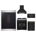 Forno 5-Piece Appliance Package - 30-inch Capriasca French Door Dual Fuel Range, Hood, 60-Inch Built-In Refrigerator, Dishwasher and 30-Inch Microwave Drawer in Black with Antique Brass Trim