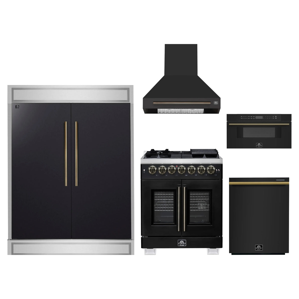 Forno 5-Piece Appliance Package - 30-inch Dual Fuel Range, Hood, Refrigerator, Dishwasher and 30-Inch Microwave Drawer in Black with Antique Brass Trim
