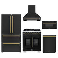 Forno 5-Piece Appliance Package - 30-inch Capriasca French Door Dual Fuel Range, Hood, 36-Inch French Door Refrigerator, Dishwasher and 30-Inch Microwave Drawer in Black with Antique Brass Trim