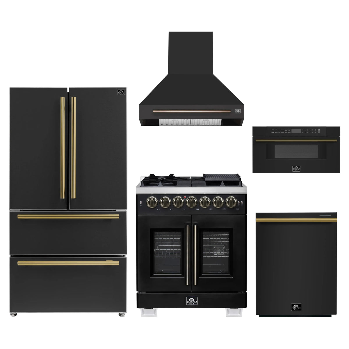 Forno 5-Piece Appliance Package - 30-inch Dual Fuel Range, Hood, Refrigerator, Dishwasher and 30-Inch Microwave Drawer in Black with Antique Brass Trim