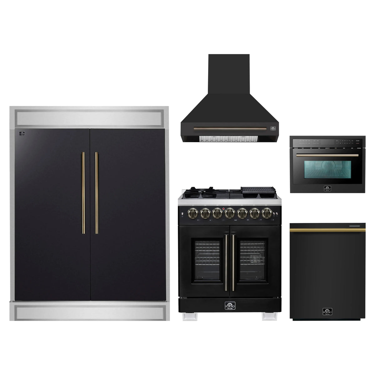 Forno 5-Piece Appliance Package - 30-inch Dual Fuel Range, Hood, Refrigerator, Dishwasher and 24-Inch Microwave Oven in Black with Antique Brass Trim