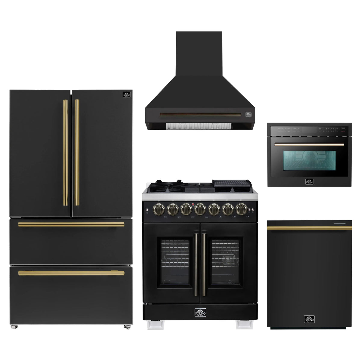 Forno 5-Piece Appliance Package - 30-inch Dual Fuel Range, Hood, Refrigerator, Dishwasher and 24-Inch Microwave Oven in Black with Antique Brass Trim