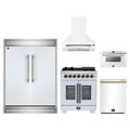 Forno 5-Piece Appliance Package - 30-inch Capriasca French Door Dual Fuel Range, Hood, 60-Inch Built-In Refrigerator, Dishwasher and 24-Inch Microwave Drawer in White with Antique Brass Trim