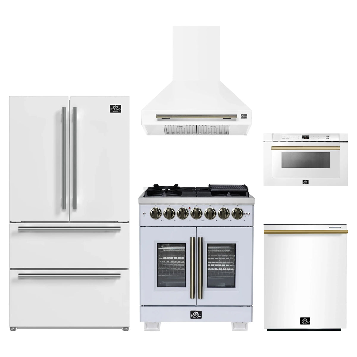 Forno 5-Piece Appliance Package - 30-inch Dual Fuel Range, Hood, Refrigerator, Dishwasher and 24-Inch Microwave Drawer in White with Antique Brass Trim