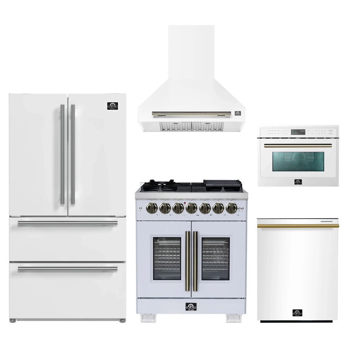 Forno 5-Piece Appliance Package - 30-inch Dual Fuel Range, Hood, Refrigerator, Dishwasher and 24-Inch Microwave Oven in White with Antique Brass Trim