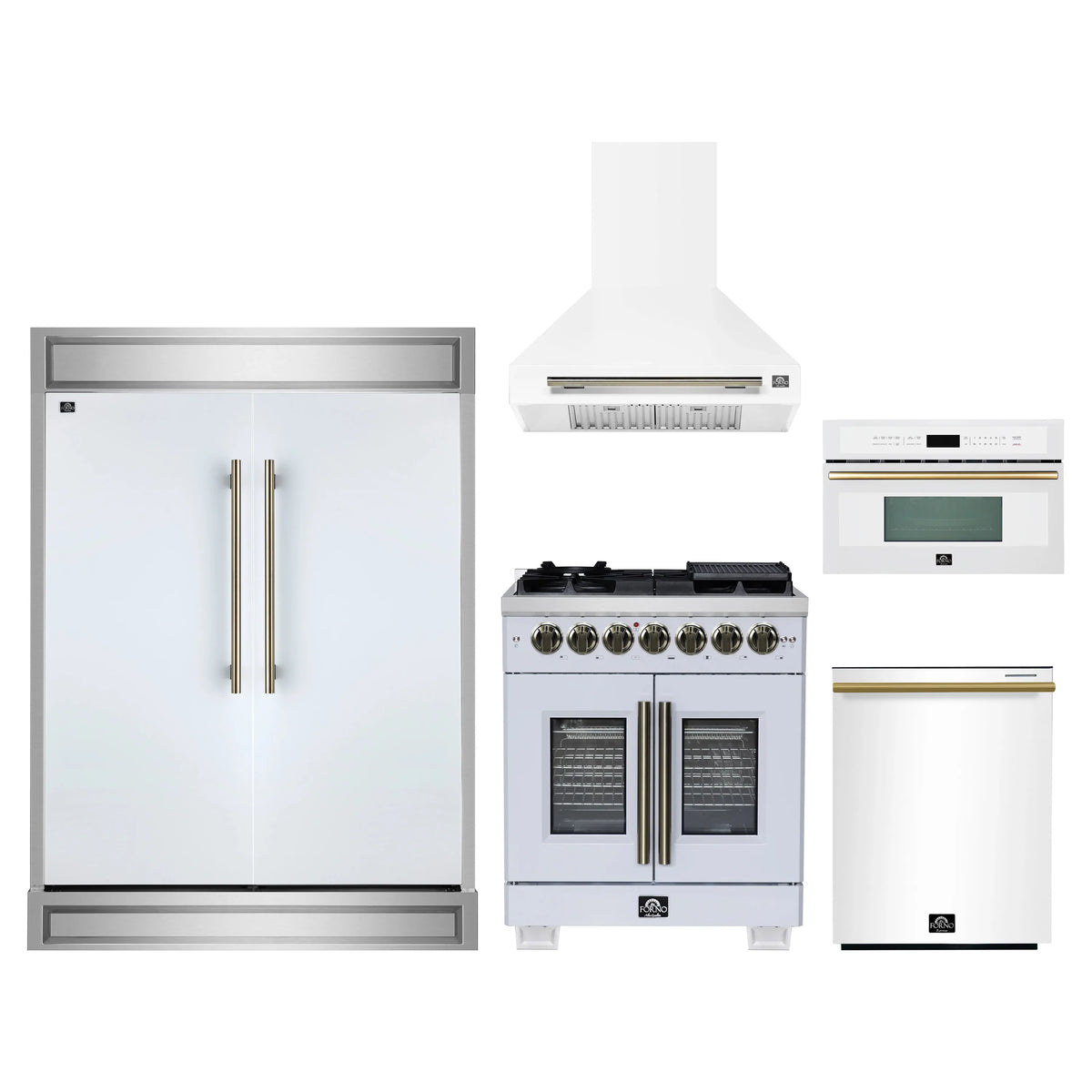 Forno 5-Piece Appliance Package - 30-inch Dual Fuel Range, Hood, Refrigerator, Dishwasher and 30-Inch Microwave Oven in White with Antique Brass Trim