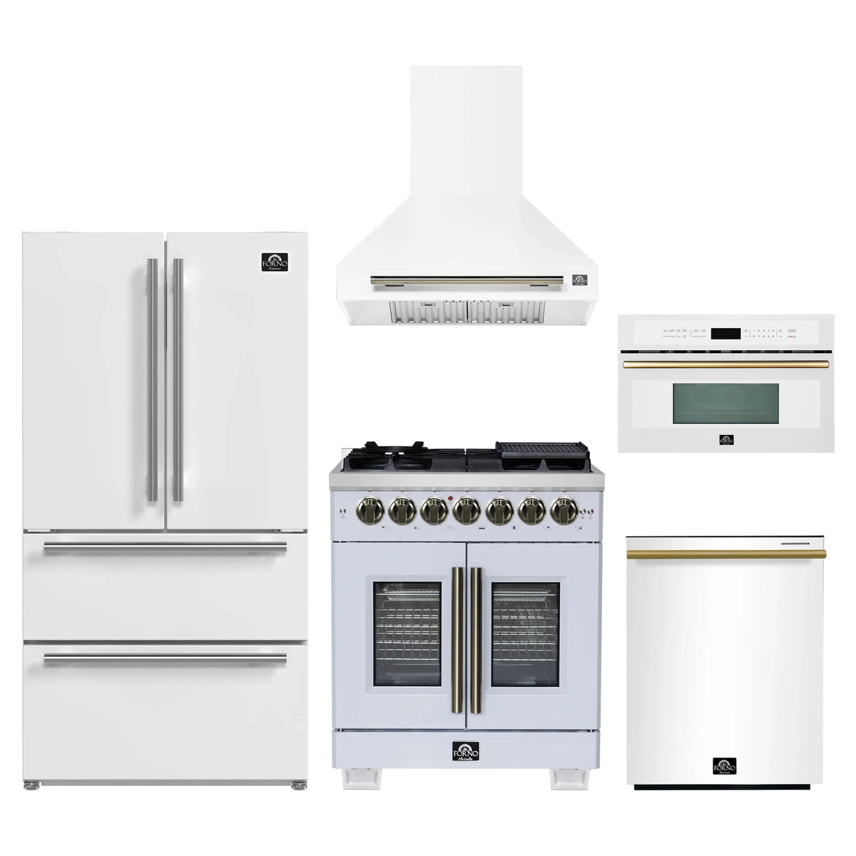 Forno 5-Piece Appliance Package - 30-inch Dual Fuel Range, Hood, Refrigerator, Dishwasher and 30-Inch Microwave Oven in White with Antique Brass Trim