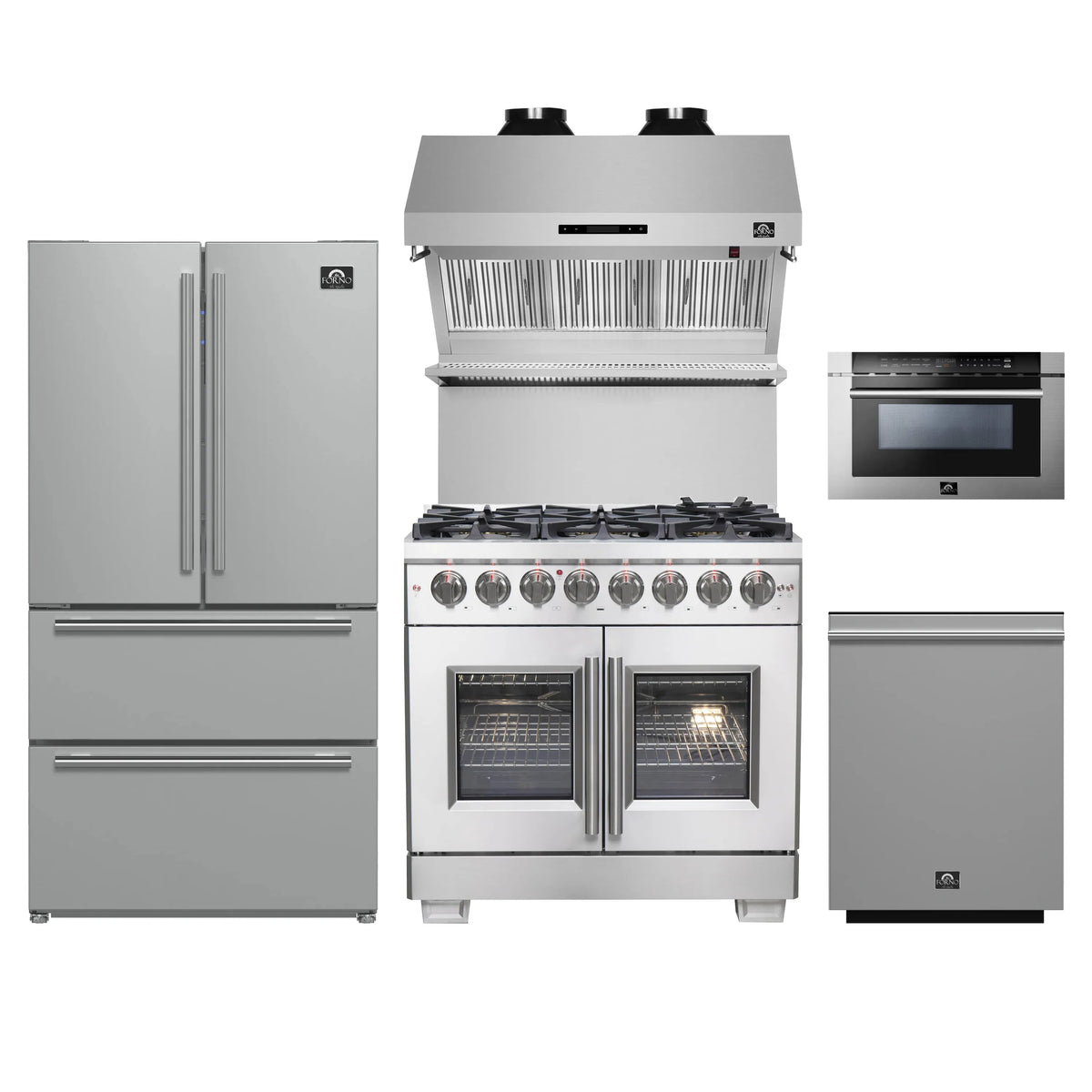Forno 5-Piece Pro Appliance Package - 36-Inch Dual Fuel Range, Refrigerator, Wall Mount Hood with Backsplash, 24-Inch Microwave Drawer, & 3-Rack Dishwasher in Stainless Steel